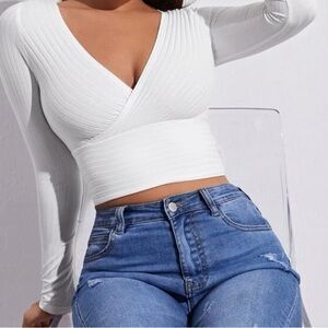 V-Neck Long Sleeve Crop Tee